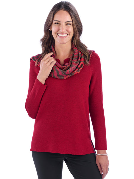 Nadia in red with scarf